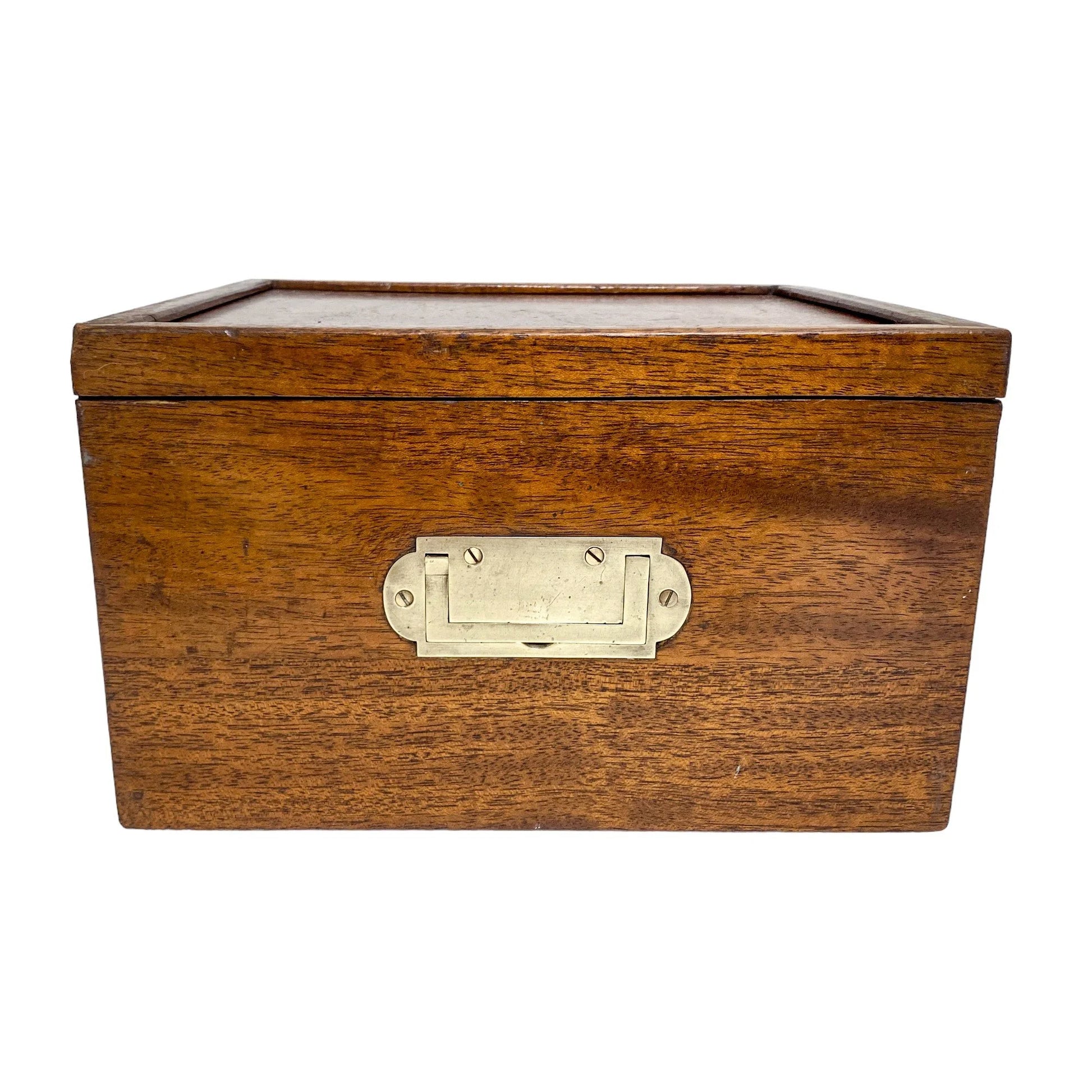 Edwardian mahogany upright storage box with sliding side lid and military carry handle