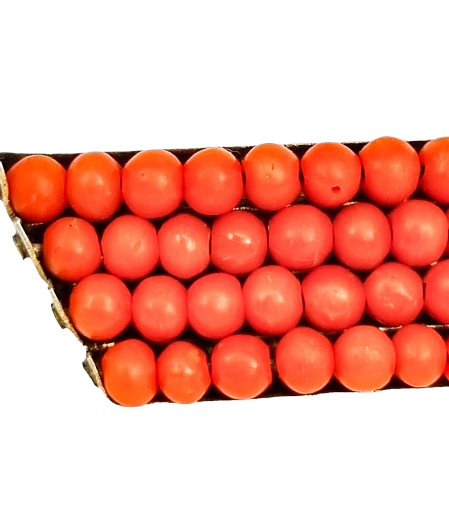 Antique Continental silver gilt brooch set with 4 rows of Mediterranean coral beads