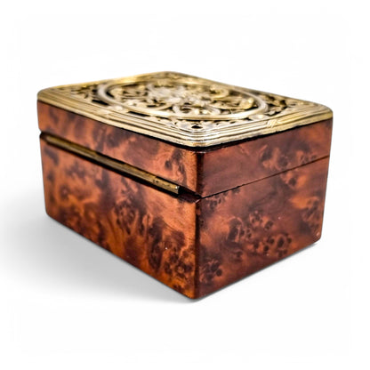 Antique French Art Nouveau walnut burlwood stamp box with pierced vermeil silver lid, c. 1890s