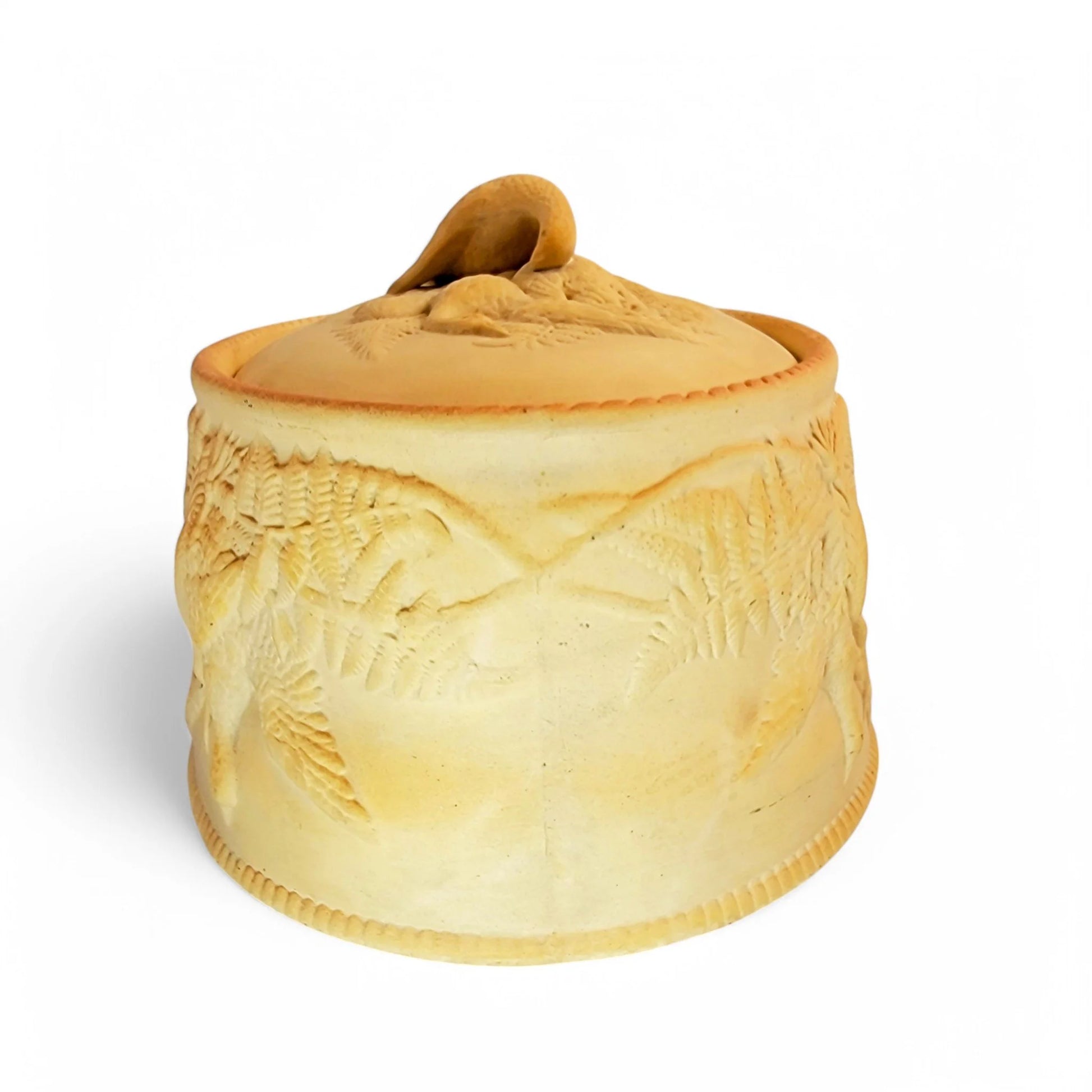 Victorian Brownfield stoneware game pie dish with bird finial and fern relief decoration, 1875