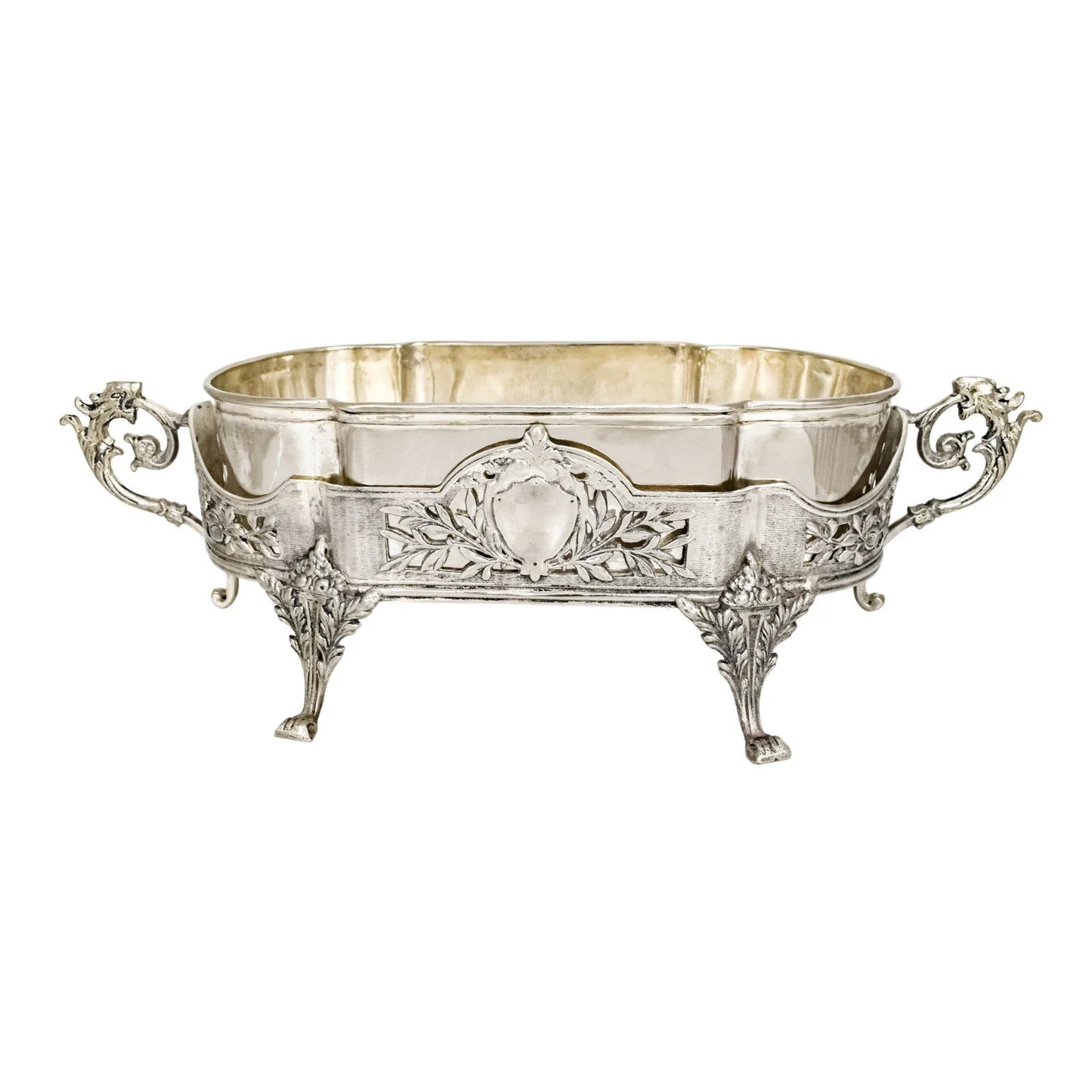 Portuguese Art Nouveau silver plated oval jardinière planter with dragon handles