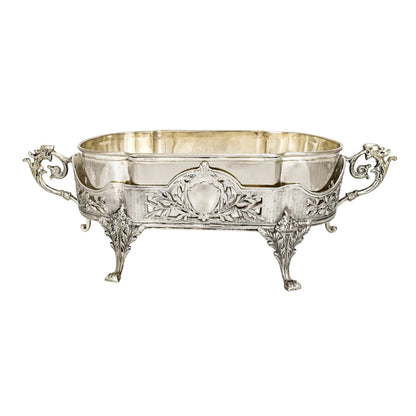 Portuguese Art Nouveau silver plated oval jardinière planter with dragon handles