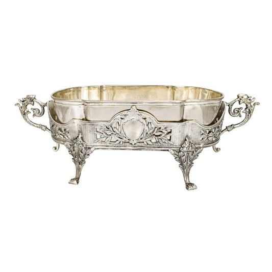 Portuguese Art Nouveau silver plated oval jardinière planter with dragon handles