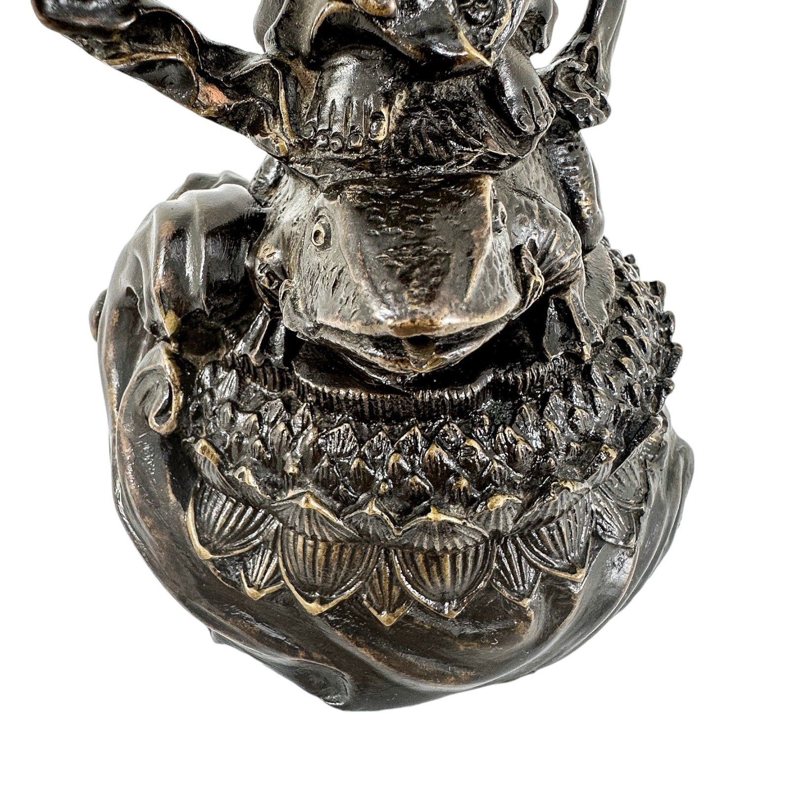 Chinese bronze tall statue of Guanyin resting on frog on lotus flower