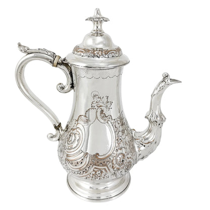 George III Old Sheffield plate large coffee pot, pear body, embossed scrolls and flowers