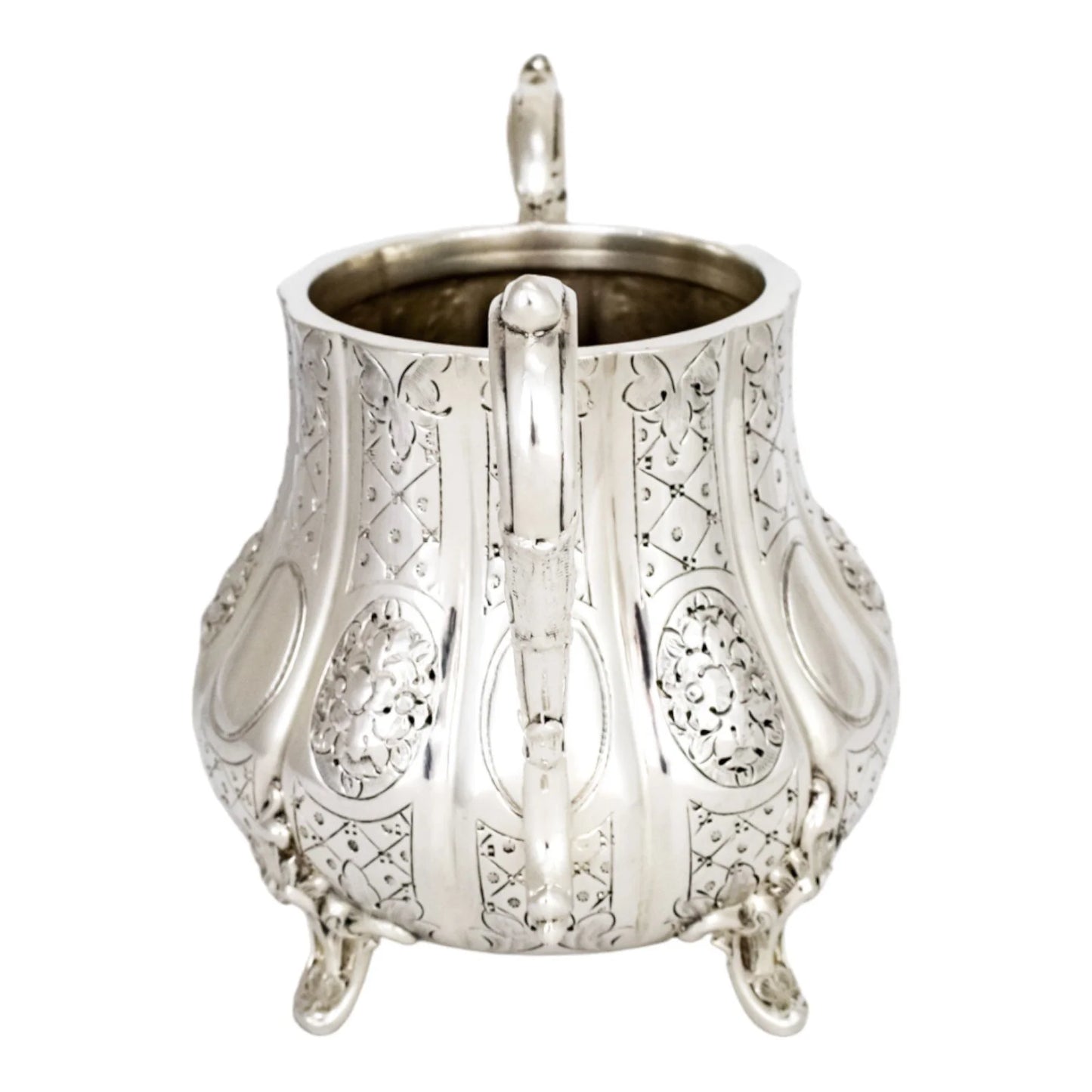 1860’s silverplate 4 piece tea and coffee set with nut finials and embossed flowers