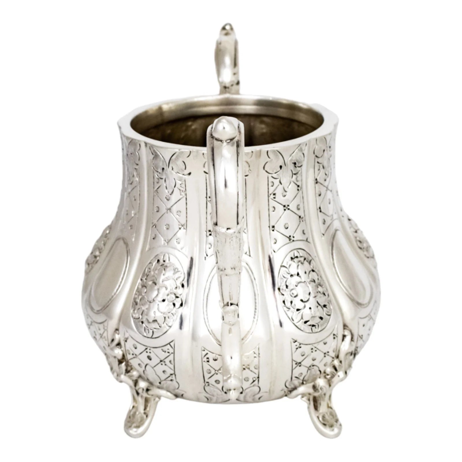 1860’s silverplate 4 piece tea and coffee set with nut finials and embossed flowers