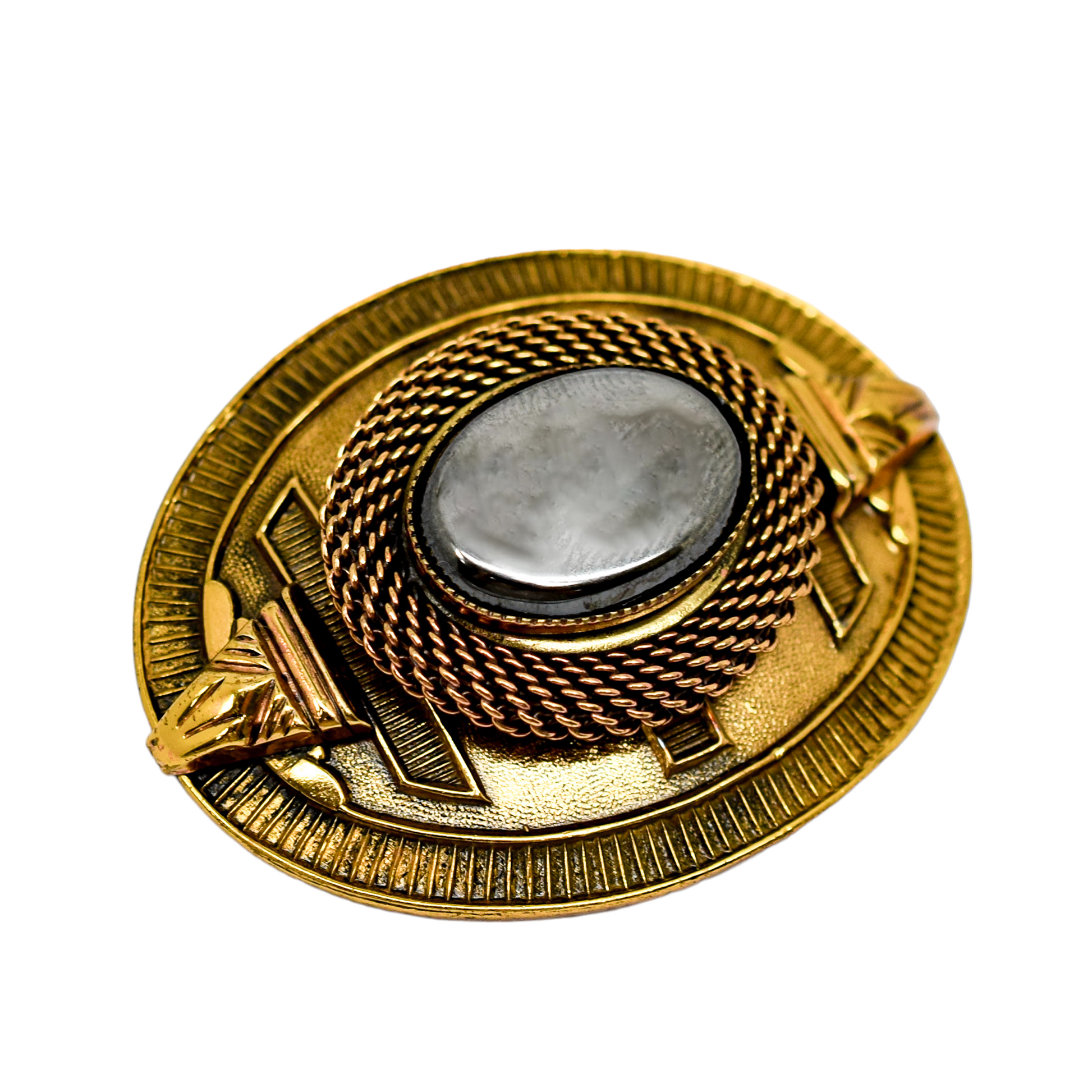 1980's Ermani Bulatti hematite goldtone Art Deco oval statement brooch