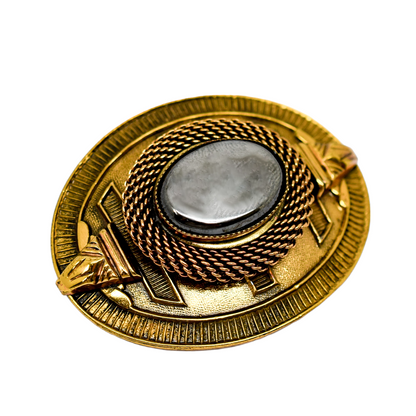 1980's Ermani Bulatti hematite goldtone Art Deco oval statement brooch