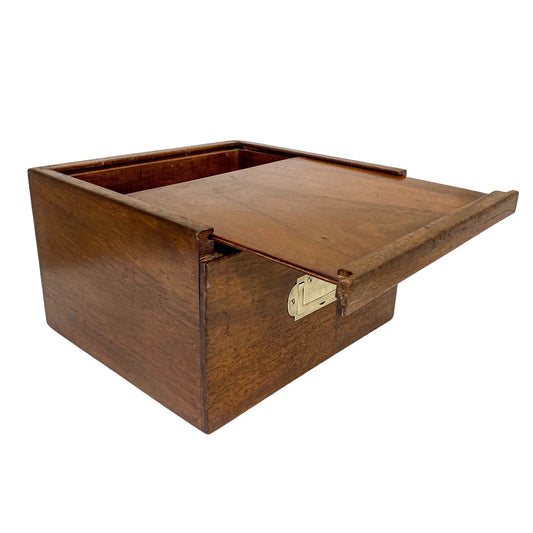 Edwardian mahogany upright storage box with sliding side lid and military carry handle