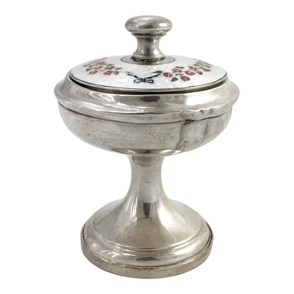 Art Deco sterling silver dressing table lidded pot with guilloche enamel cover and mirror