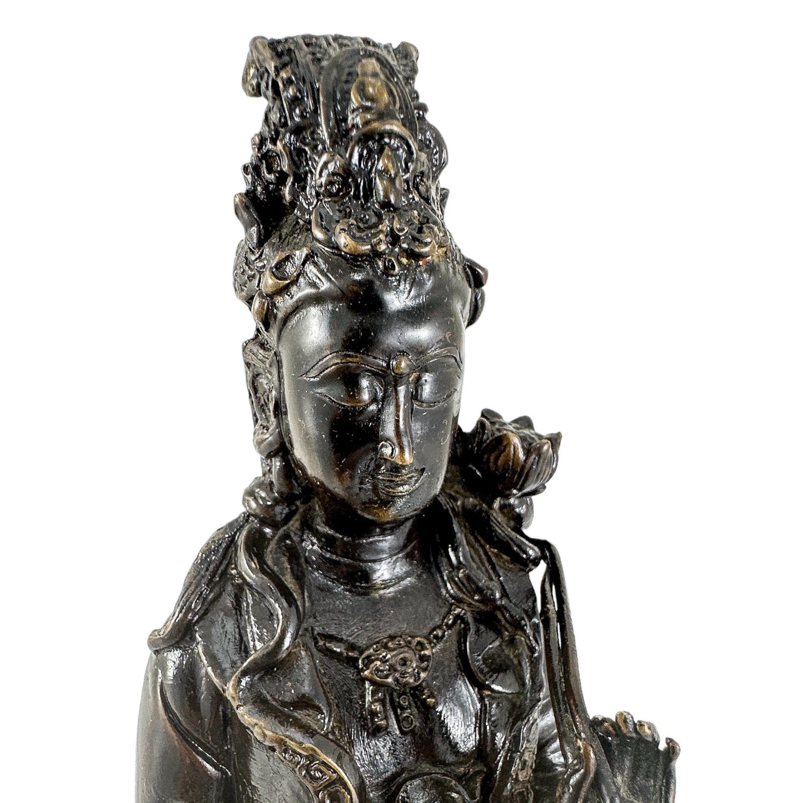 Chinese bronze tall statue of Guanyin resting on frog on lotus flower