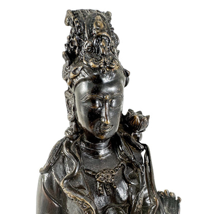 Chinese bronze tall statue of Guanyin resting on frog on lotus flower