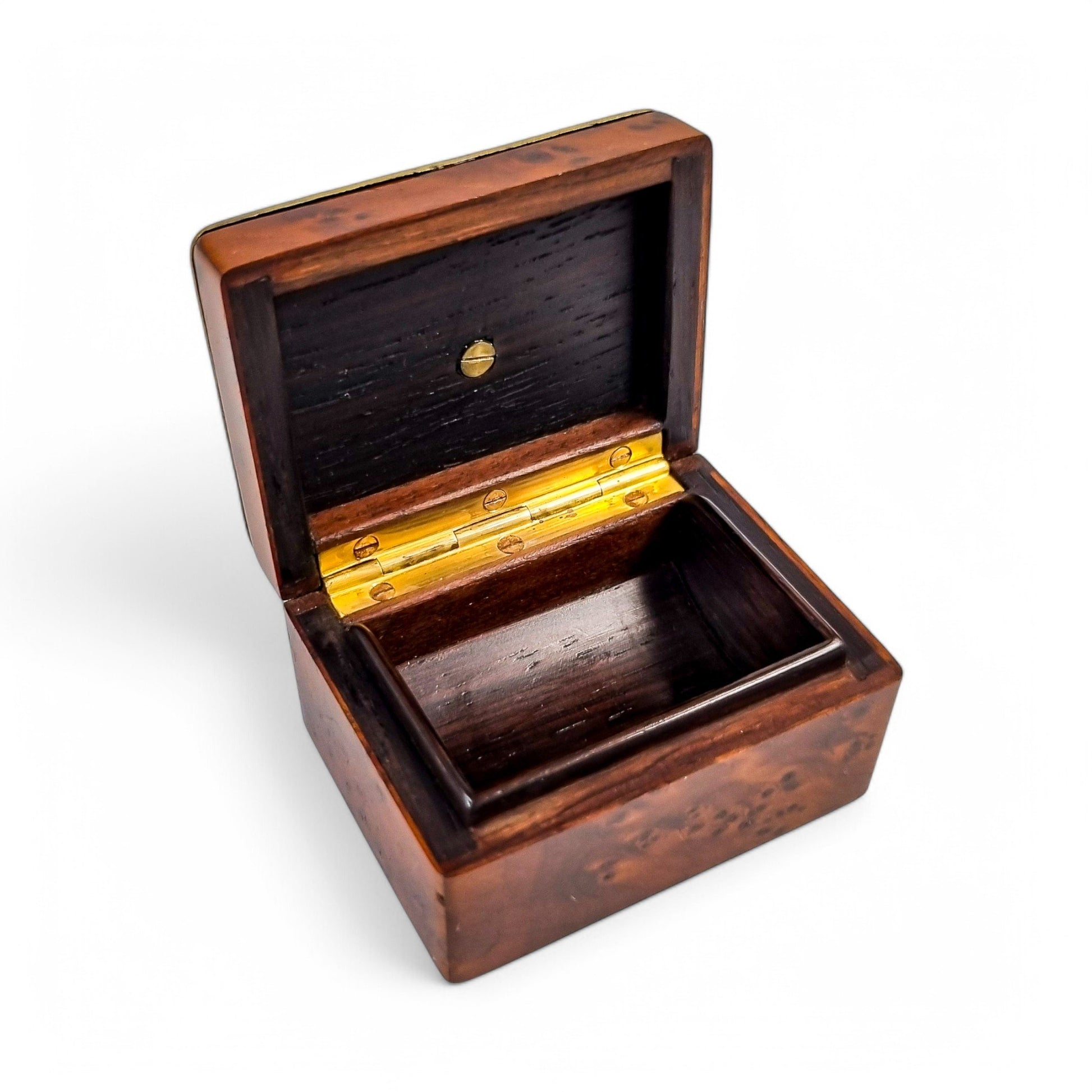 Antique French Art Nouveau walnut burlwood stamp box with pierced vermeil silver lid, c. 1890s
