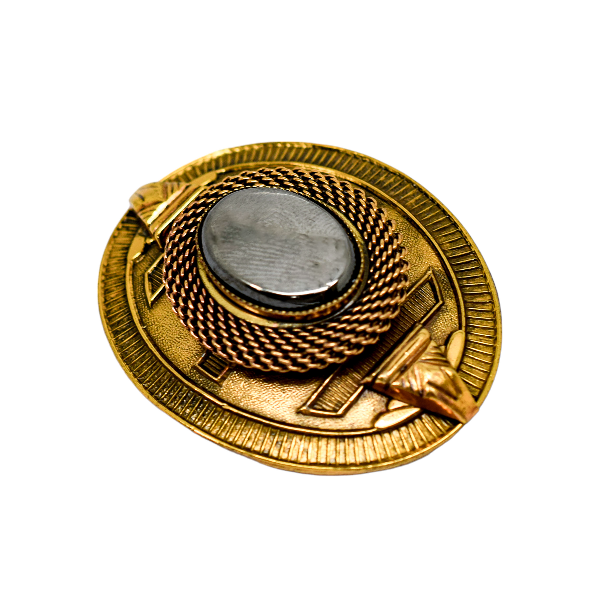 1980's Ermani Bulatti hematite goldtone Art Deco oval statement brooch