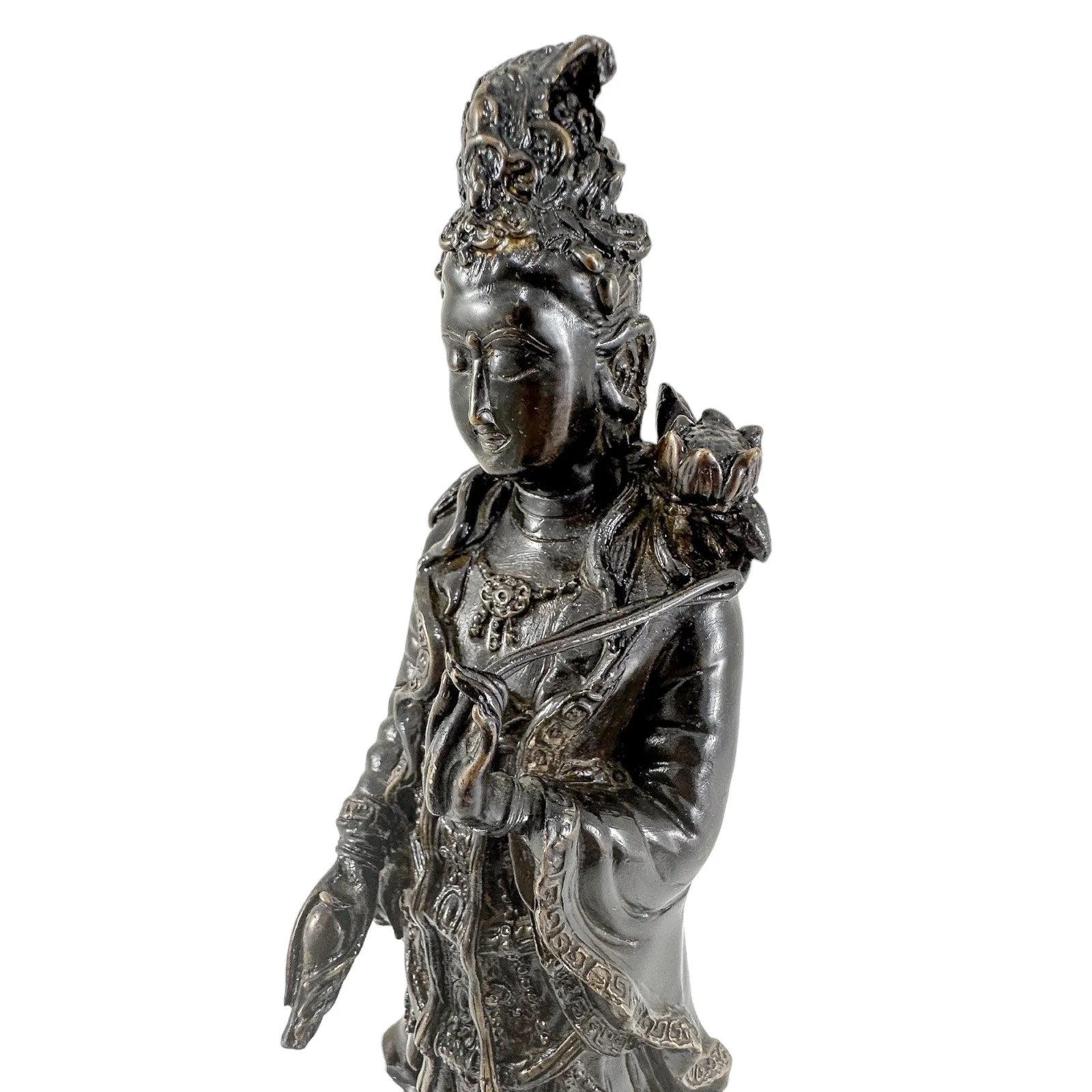 Chinese bronze tall statue of Guanyin resting on frog on lotus flower