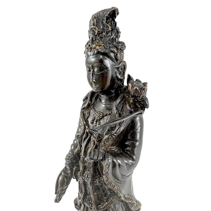 Chinese bronze tall statue of Guanyin resting on frog on lotus flower