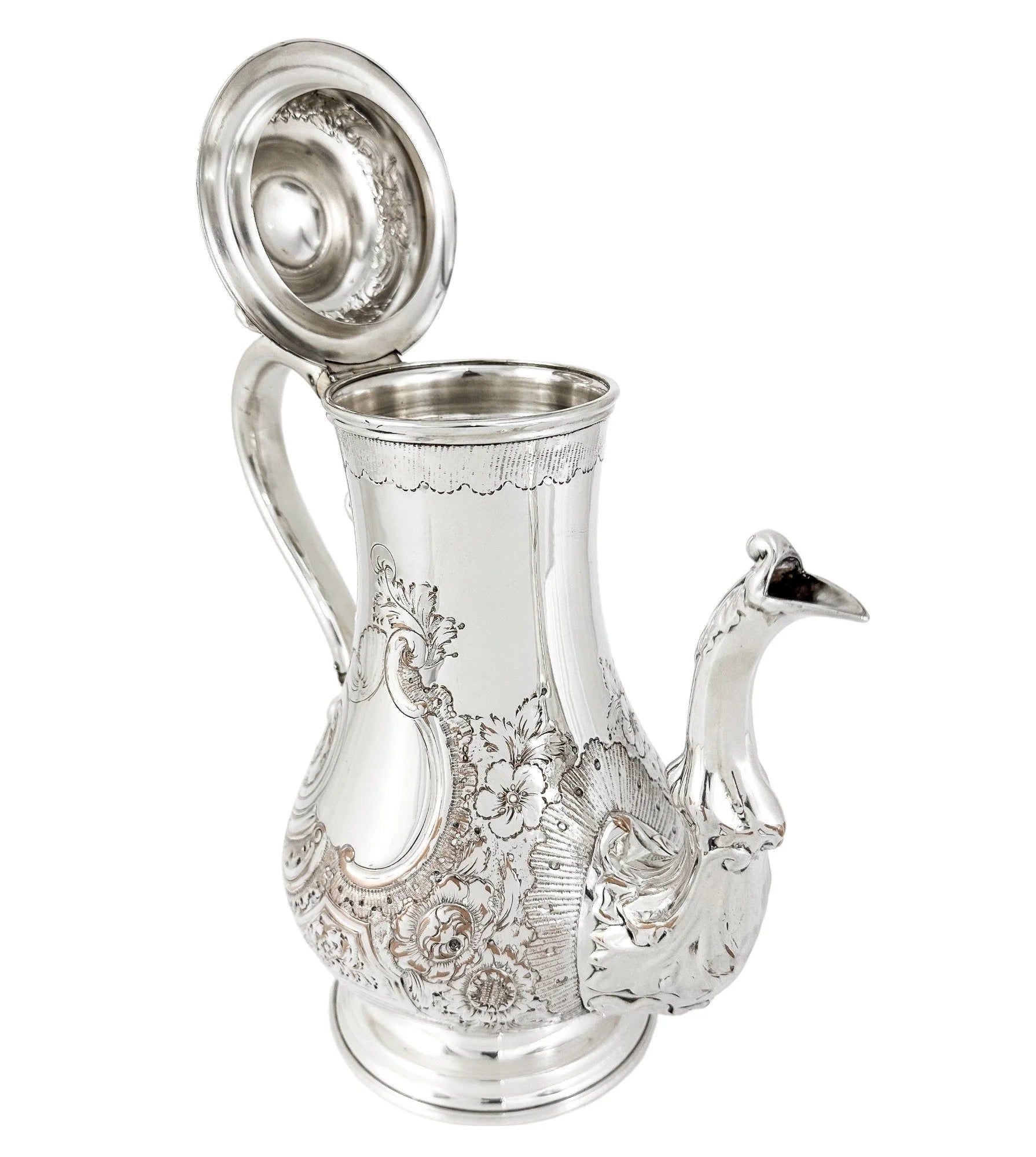George III Old Sheffield plate large coffee pot, pear body, embossed scrolls and flowers