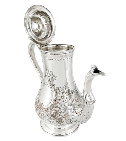 George III Old Sheffield plate large coffee pot, pear body, embossed scrolls and flowers