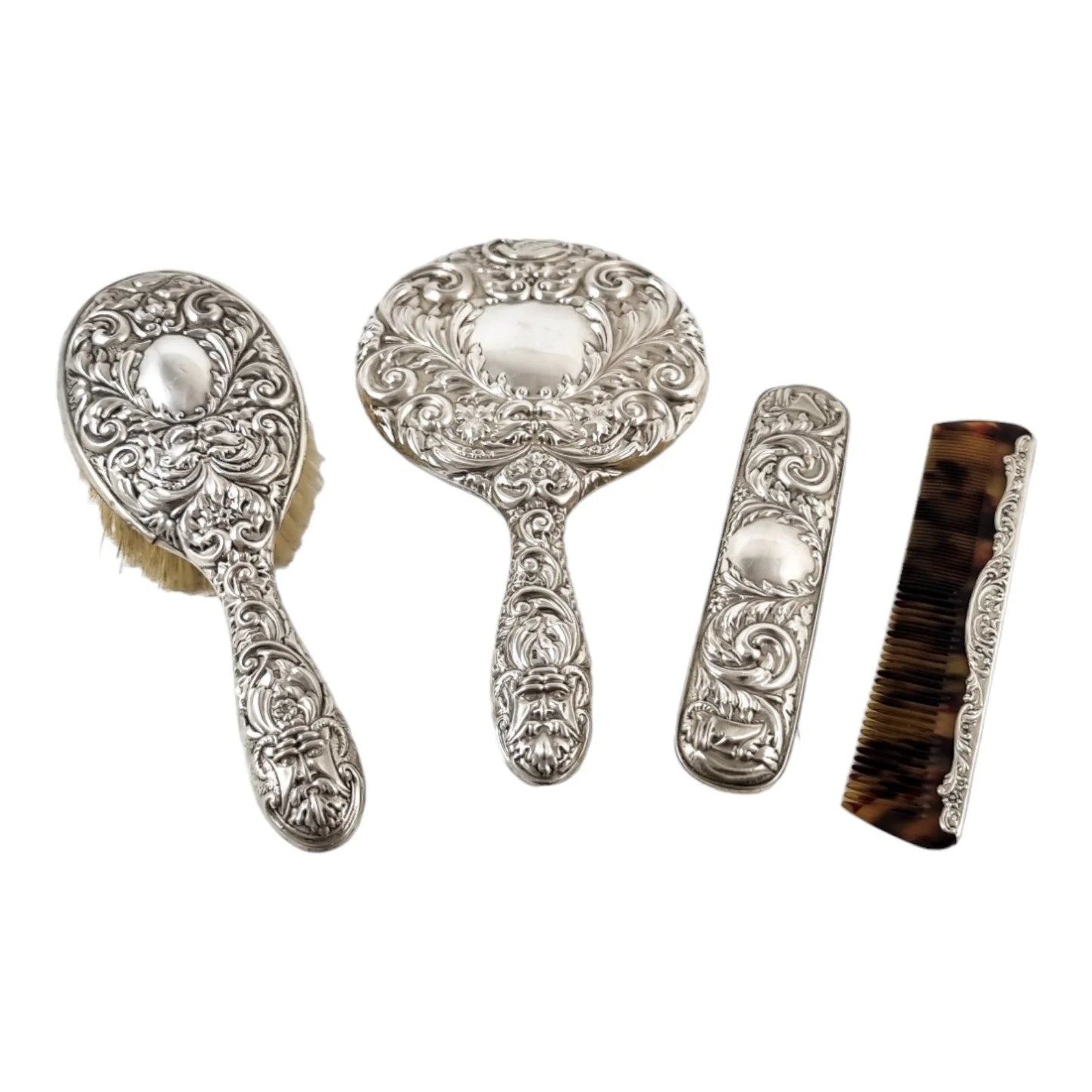 Cased vintage sterling silver 4 piece vanity dressing table set; mirror, brush, comb
