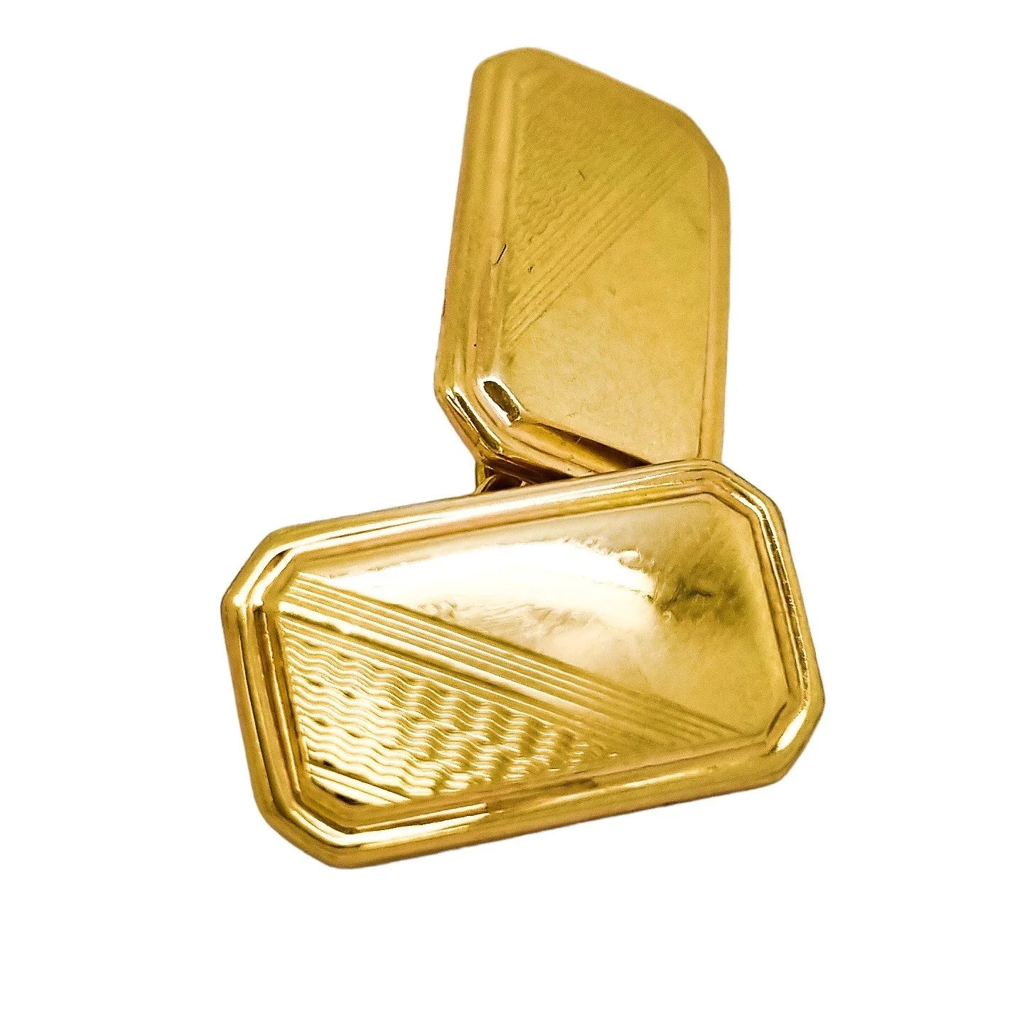 Vintage 1960’s 9ct yellow gold oblong bevelled cufflinks, half engine-turned, boxed
