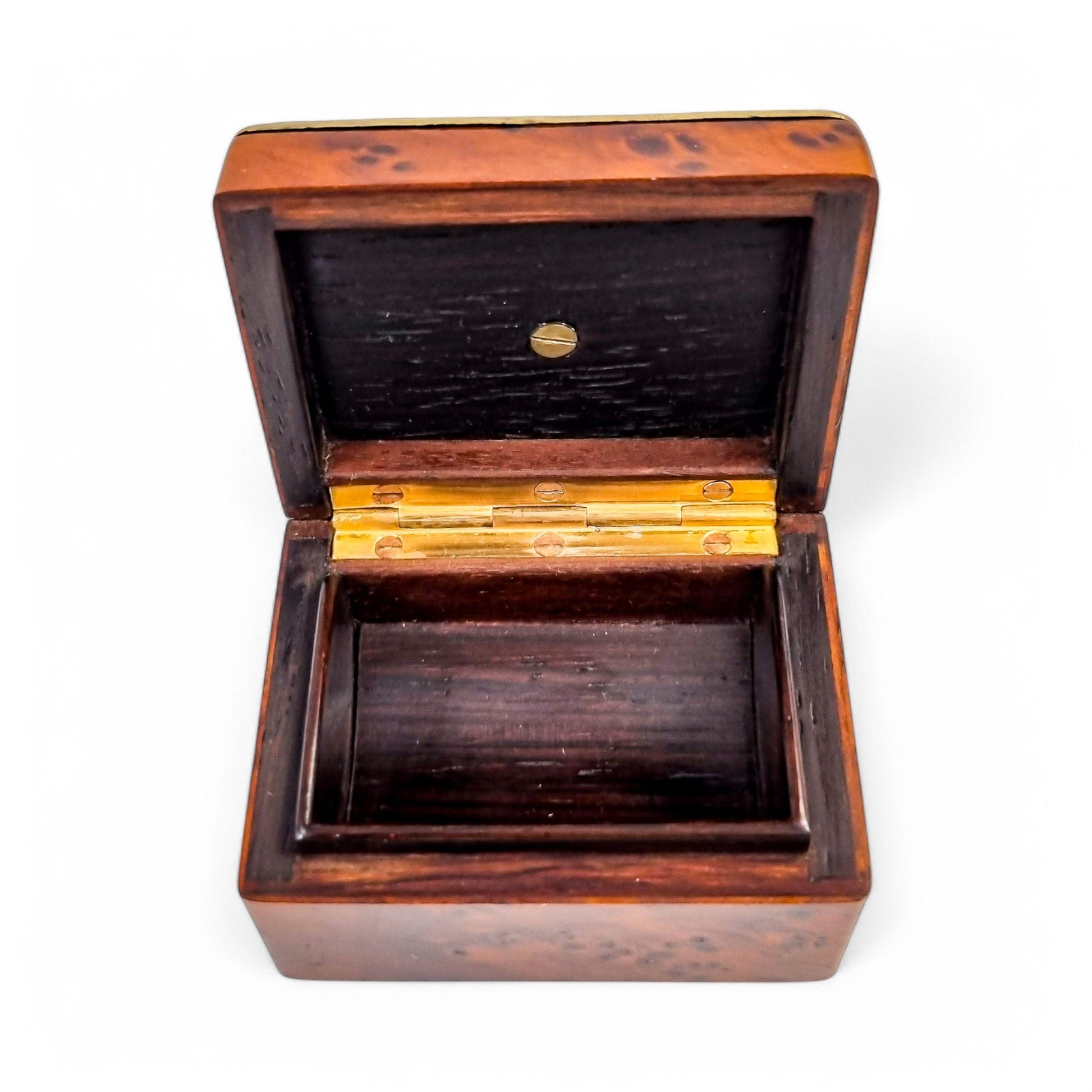Antique French Art Nouveau walnut burlwood stamp box with pierced vermeil silver lid, c. 1890s
