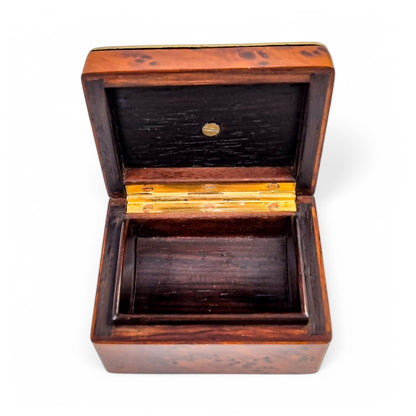 Antique French Art Nouveau walnut burlwood stamp box with pierced vermeil silver lid, c. 1890s