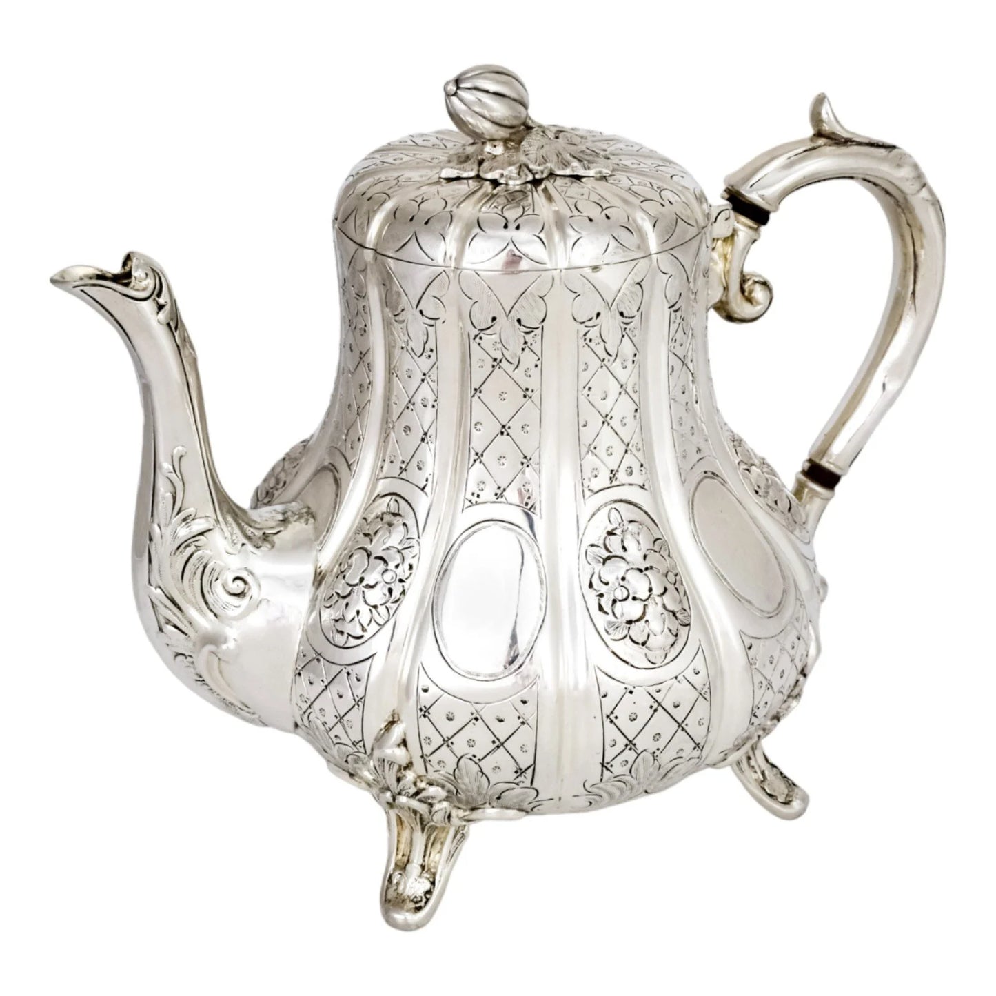 1860’s silverplate 4 piece tea and coffee set with nut finials and embossed flowers