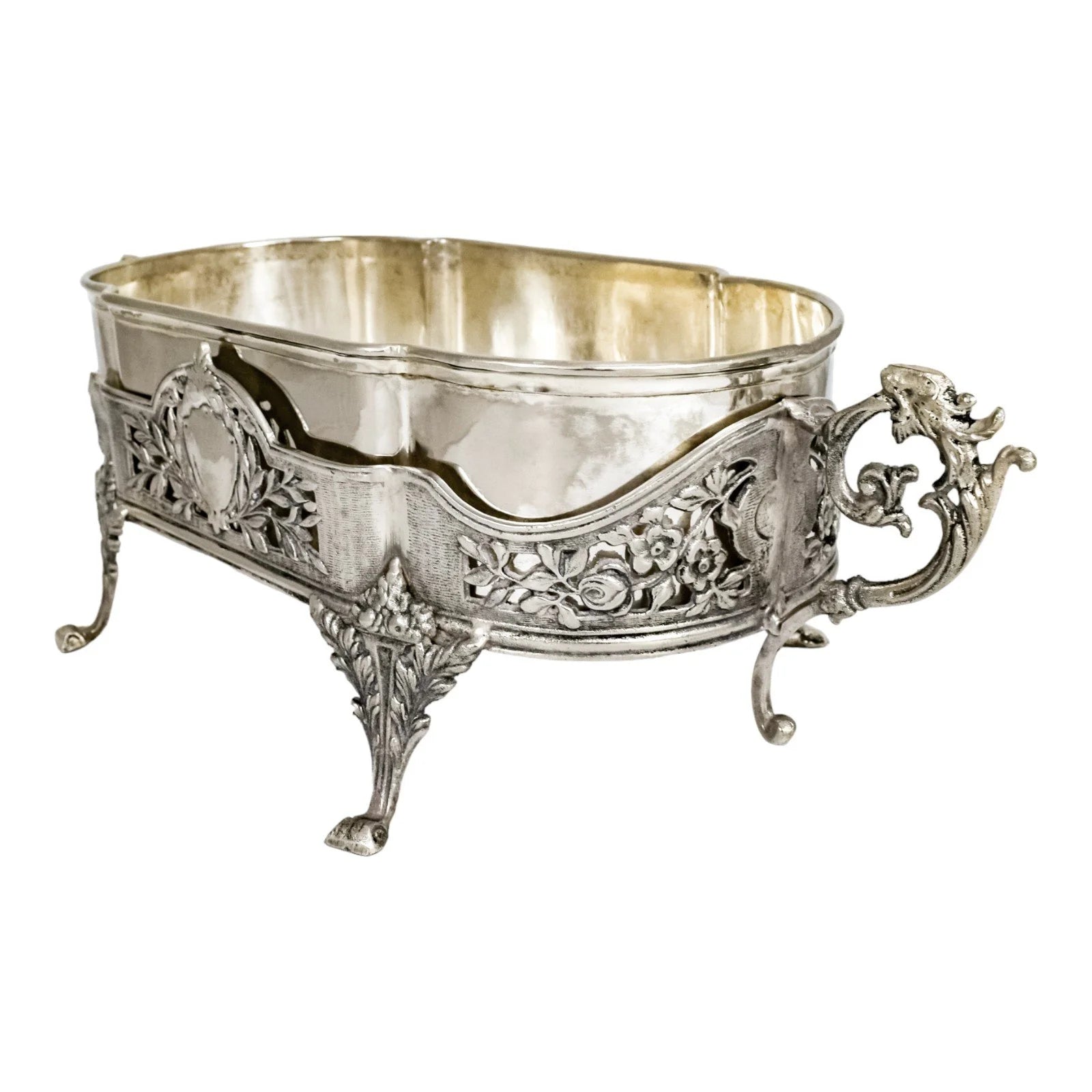 Portuguese Art Nouveau silver plated oval jardinière planter with dragon handles