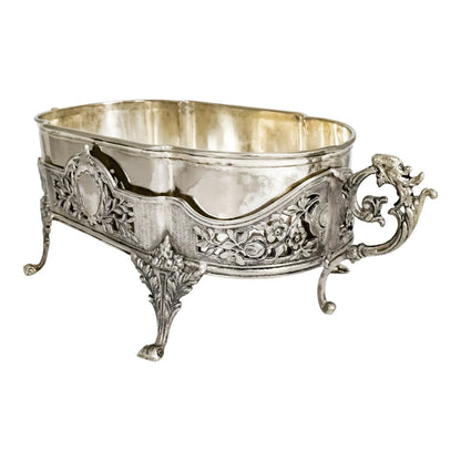 Portuguese Art Nouveau silver plated oval jardinière planter with dragon handles