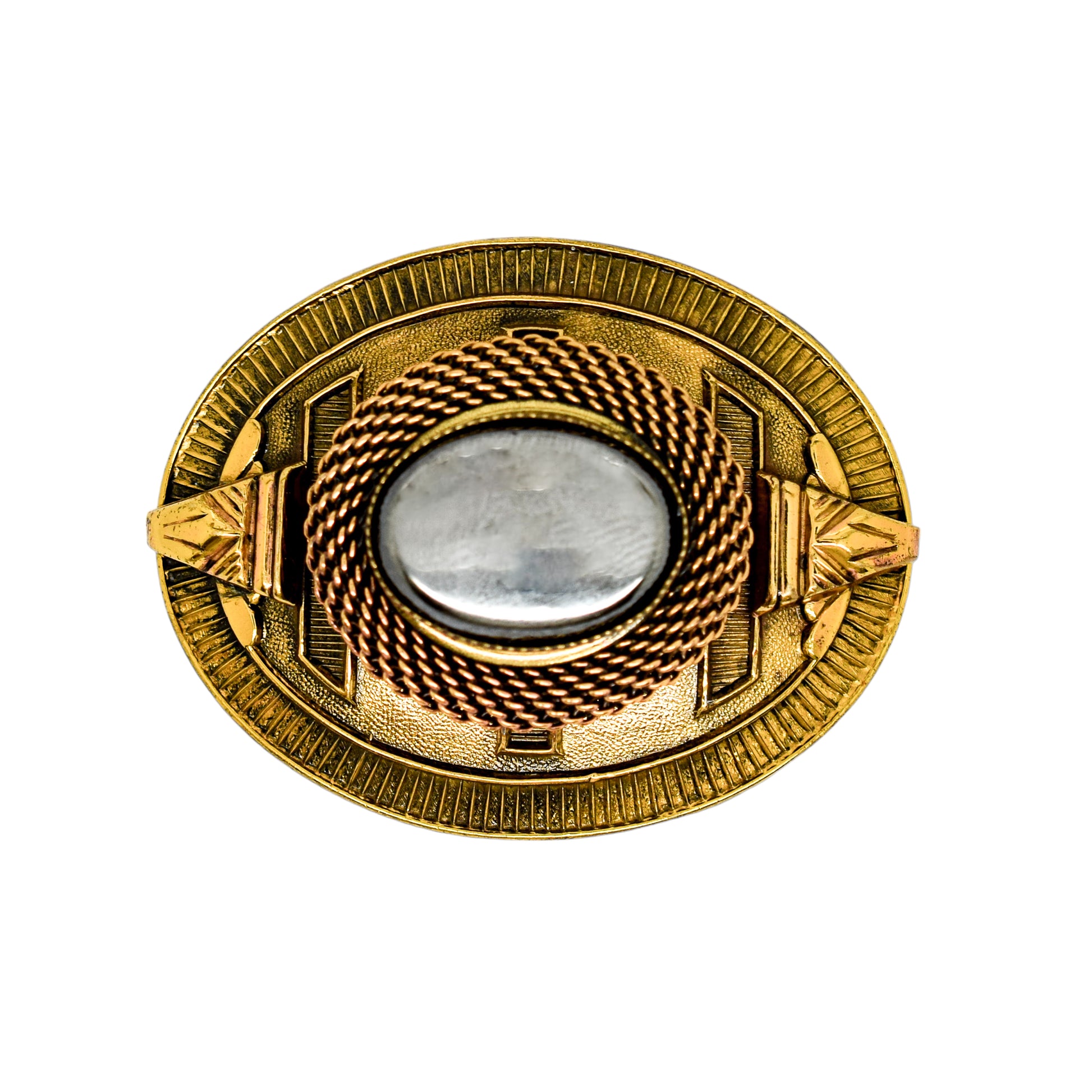 1980's Ermani Bulatti hematite goldtone Art Deco oval statement brooch
