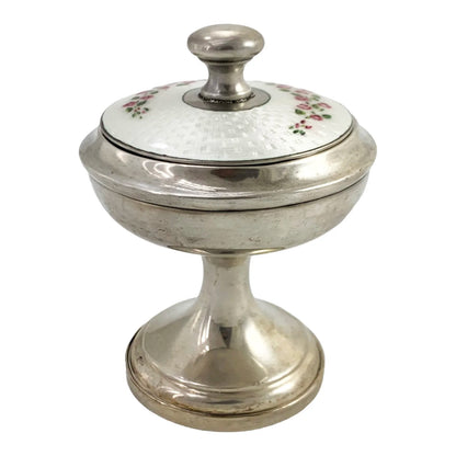 Art Deco sterling silver dressing table lidded pot with guilloche enamel cover and mirror