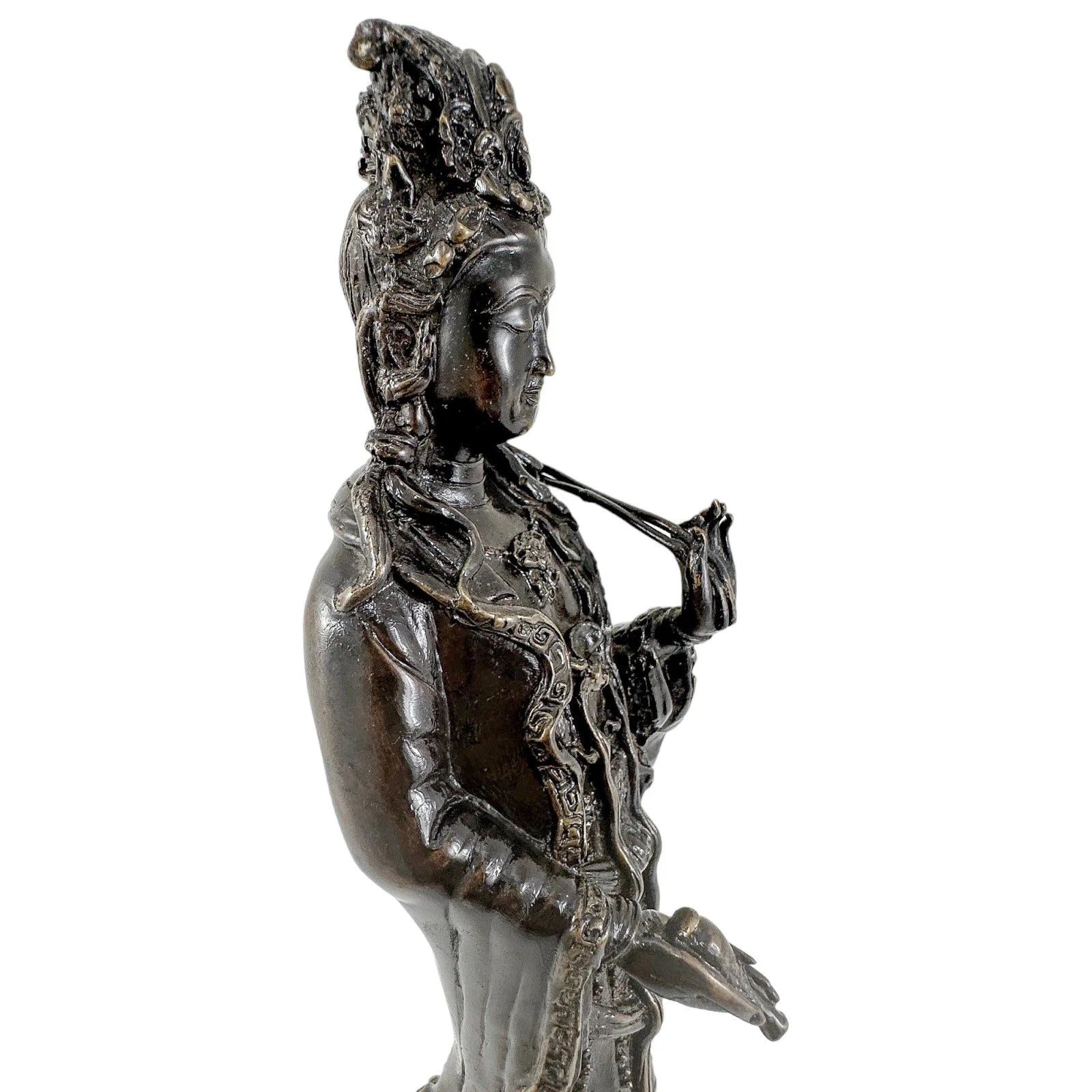 Chinese bronze tall statue of Guanyin resting on frog on lotus flower