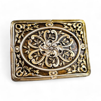 Antique French Art Nouveau walnut burlwood stamp box with pierced vermeil silver lid, c. 1890s