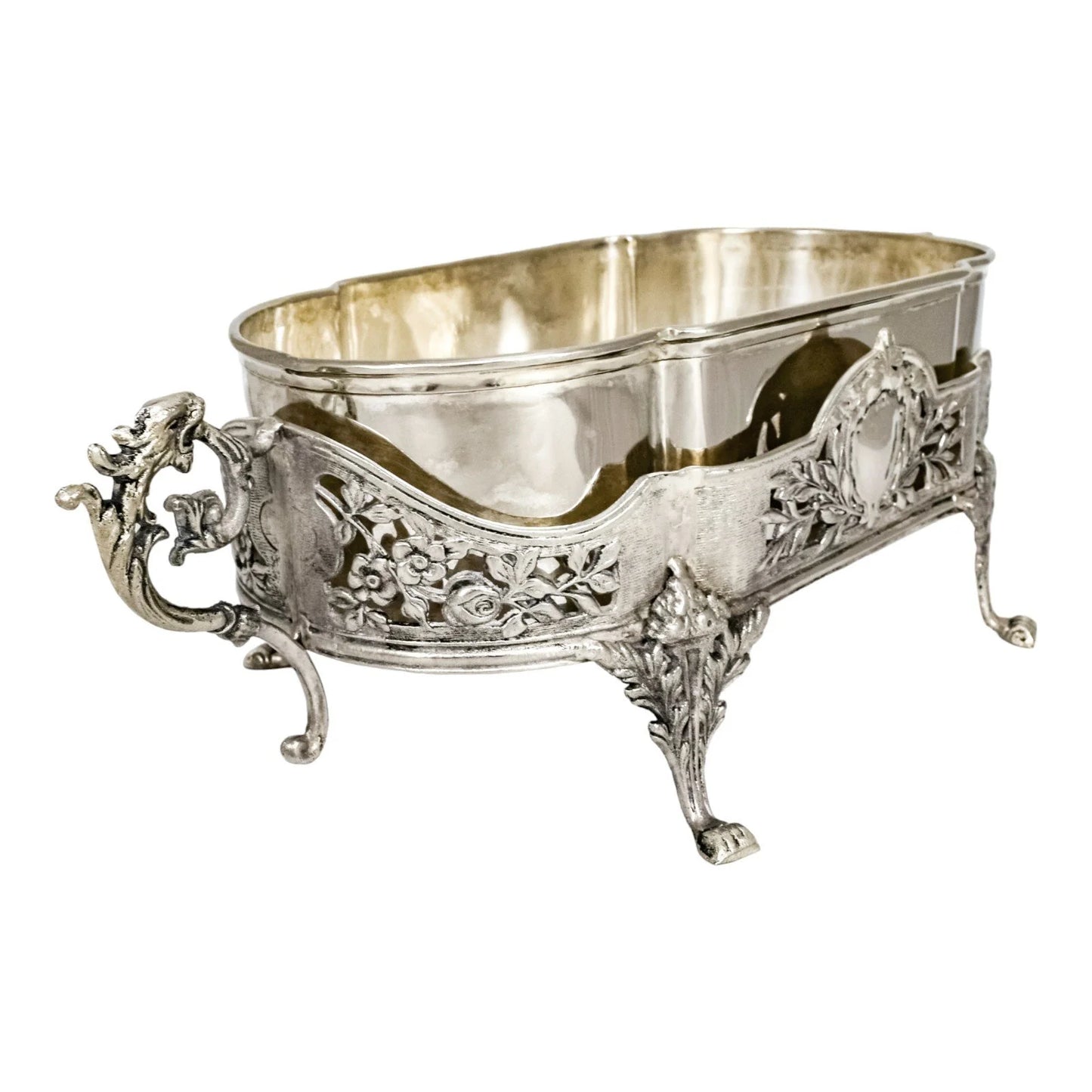 Portuguese Art Nouveau silver plated oval jardinière planter with dragon handles
