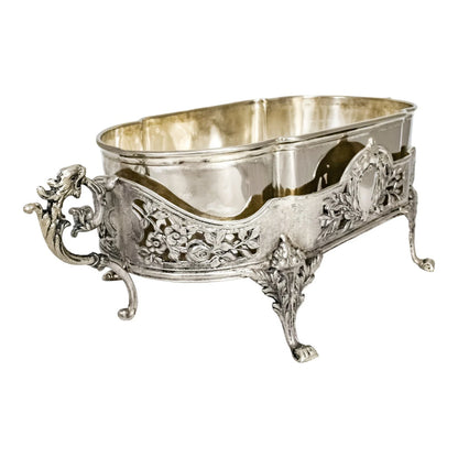Portuguese Art Nouveau silver plated oval jardinière planter with dragon handles