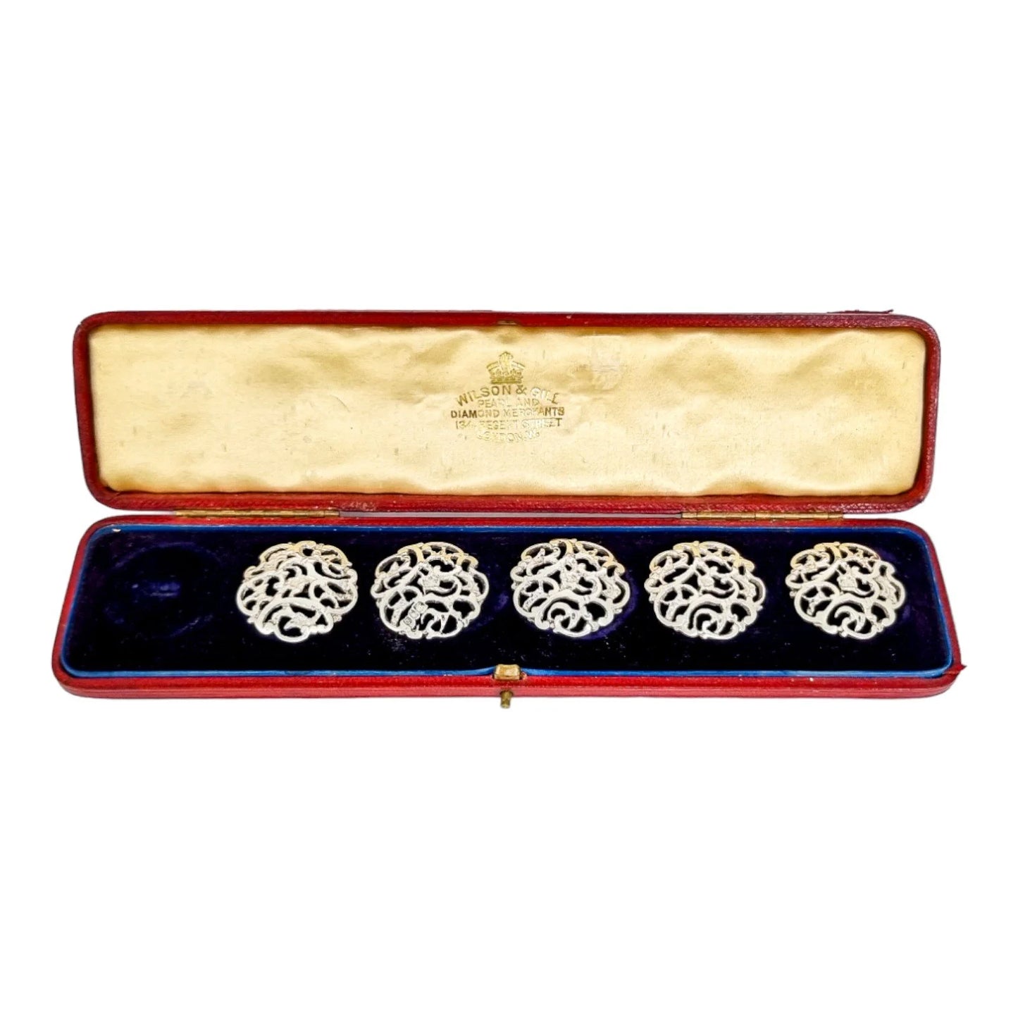 Art Nouveau sterling silver coat buttons, cased, Ceylon Championships prize