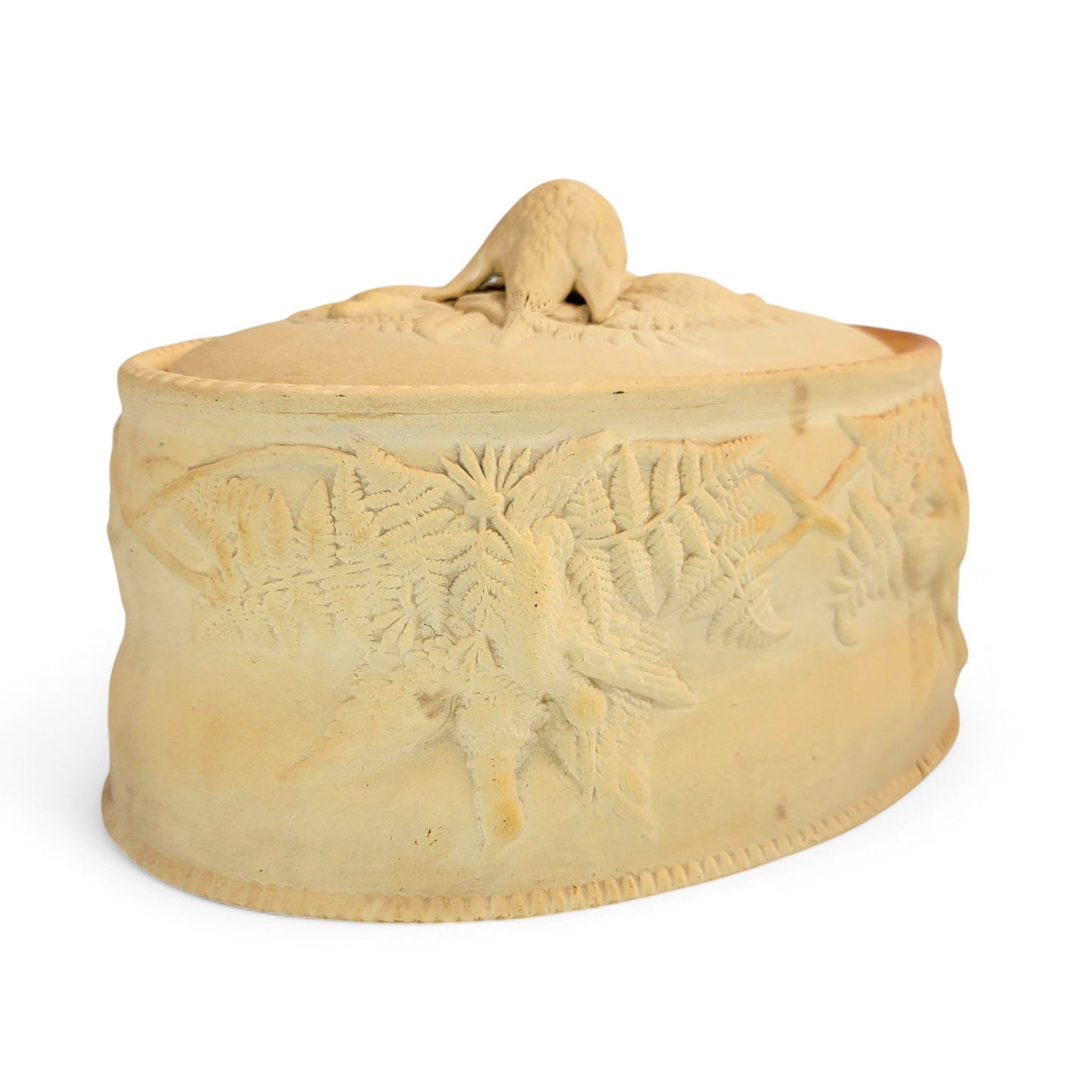Victorian Brownfield stoneware game pie dish with bird finial and fern relief decoration, 1875
