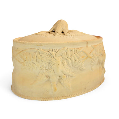 Victorian Brownfield stoneware game pie dish with bird finial and fern relief decoration, 1875