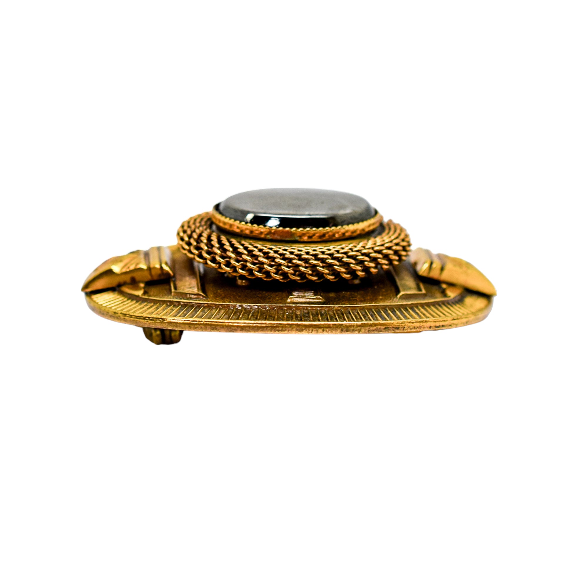 1980's Ermani Bulatti hematite goldtone Art Deco oval statement brooch