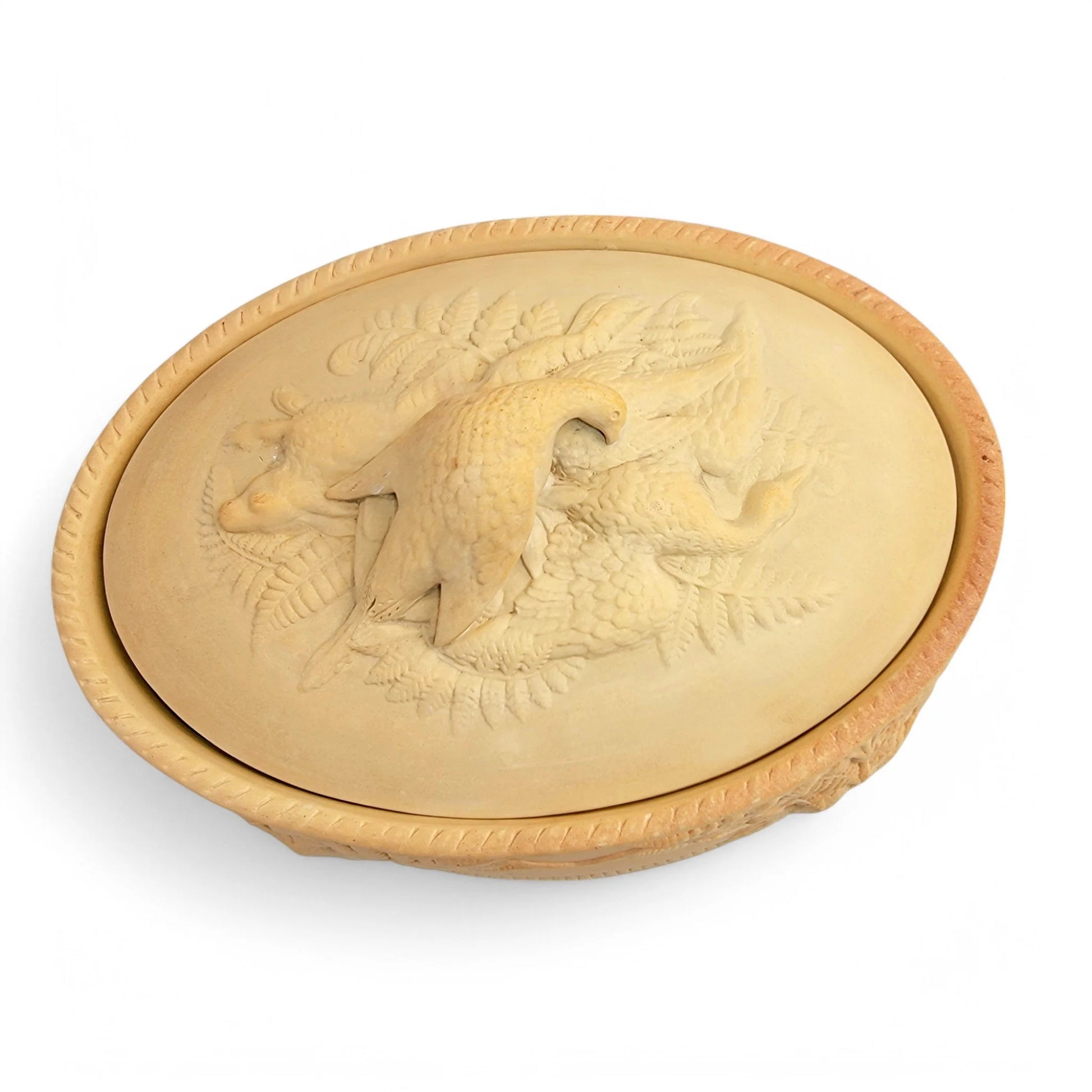 Victorian Brownfield stoneware game pie dish with bird finial and fern relief decoration, 1875