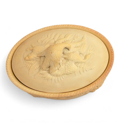 Victorian Brownfield stoneware game pie dish with bird finial and fern relief decoration, 1875