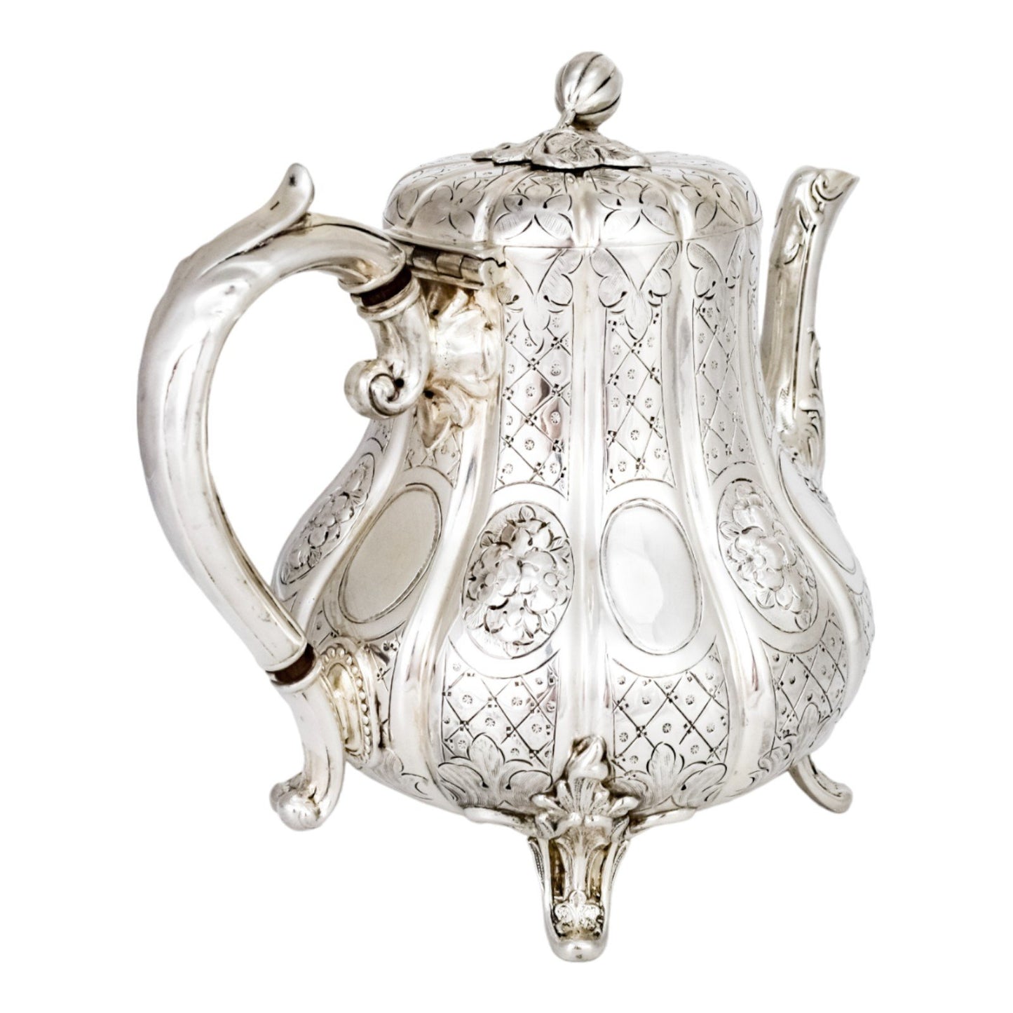 1860’s silverplate 4 piece tea and coffee set with nut finials and embossed flowers