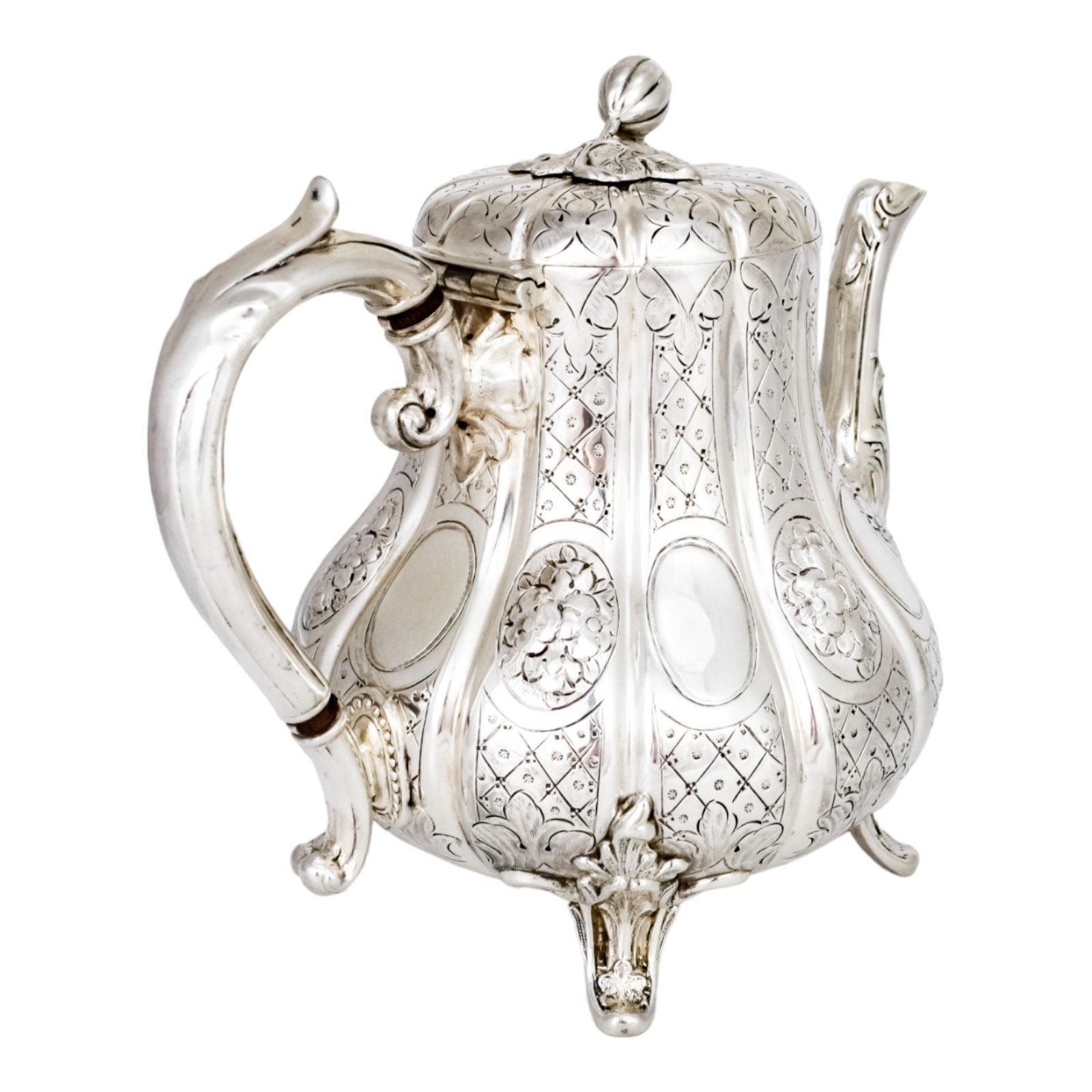1860’s silverplate 4 piece tea and coffee set with nut finials and embossed flowers