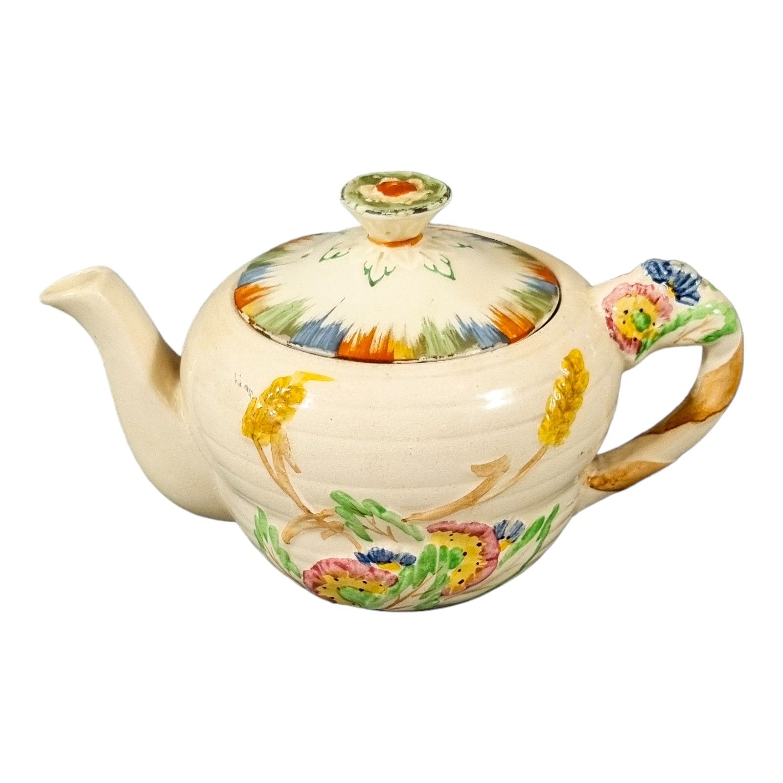 Art Deco bachelor teapot decorated with high-relief flowers and wheat stalks