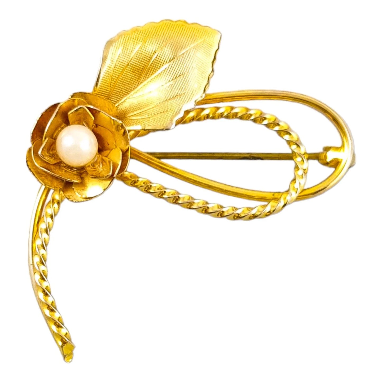 1960's gold plated floral sprig brooch with imitation pearl and burnished matte finish