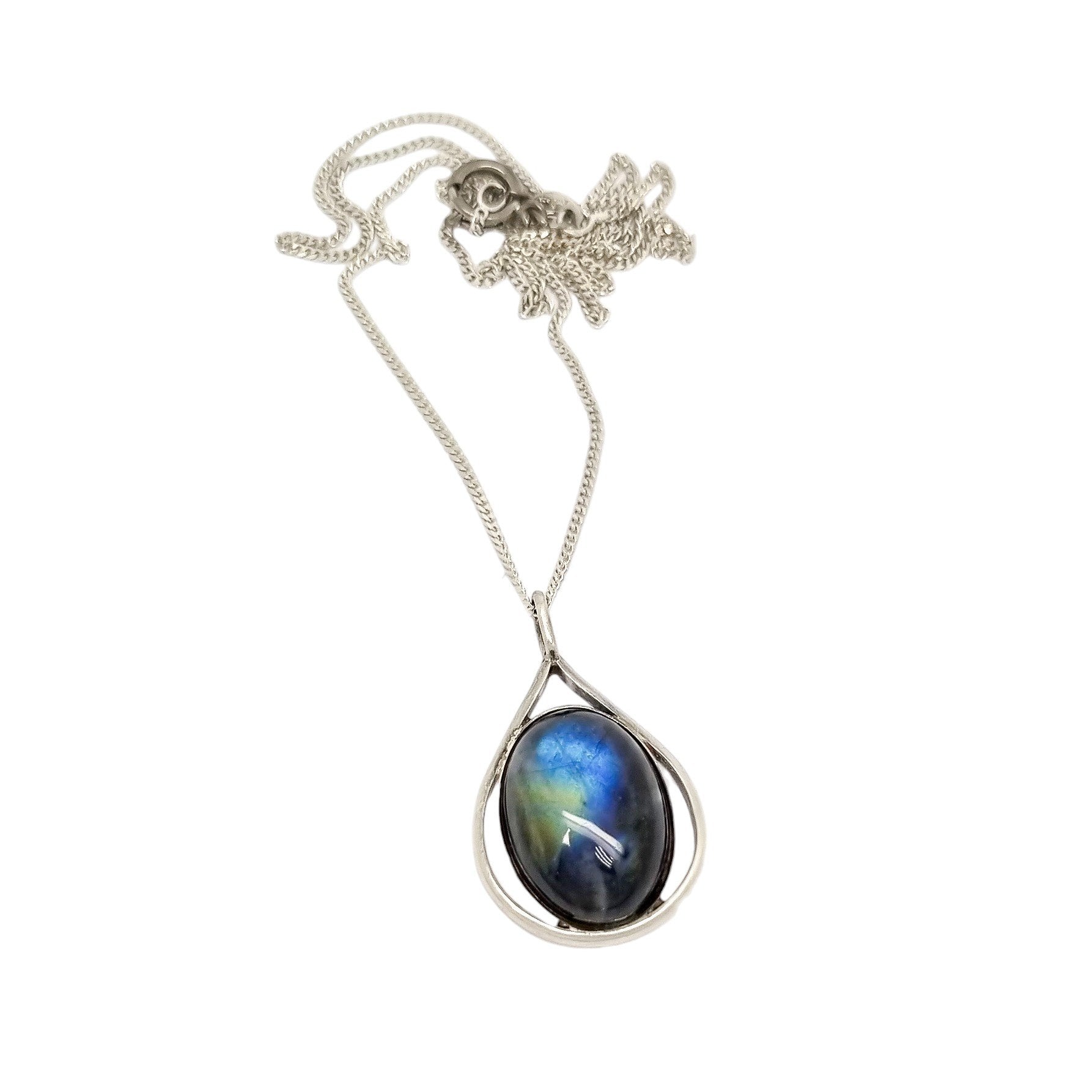 Vintage sterling silver labradorite teardrop pendant necklace on curb chain