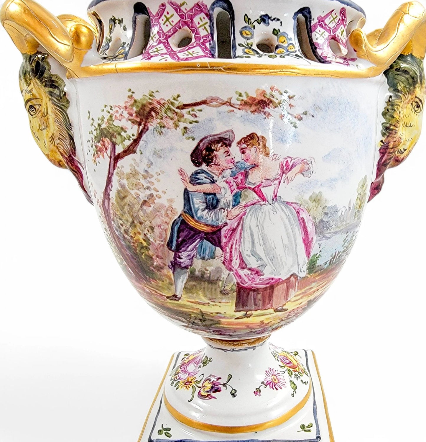 Rare 18th century French faience urns by Veuve Perrin with hand-painted pastoral scenes in Rococo style