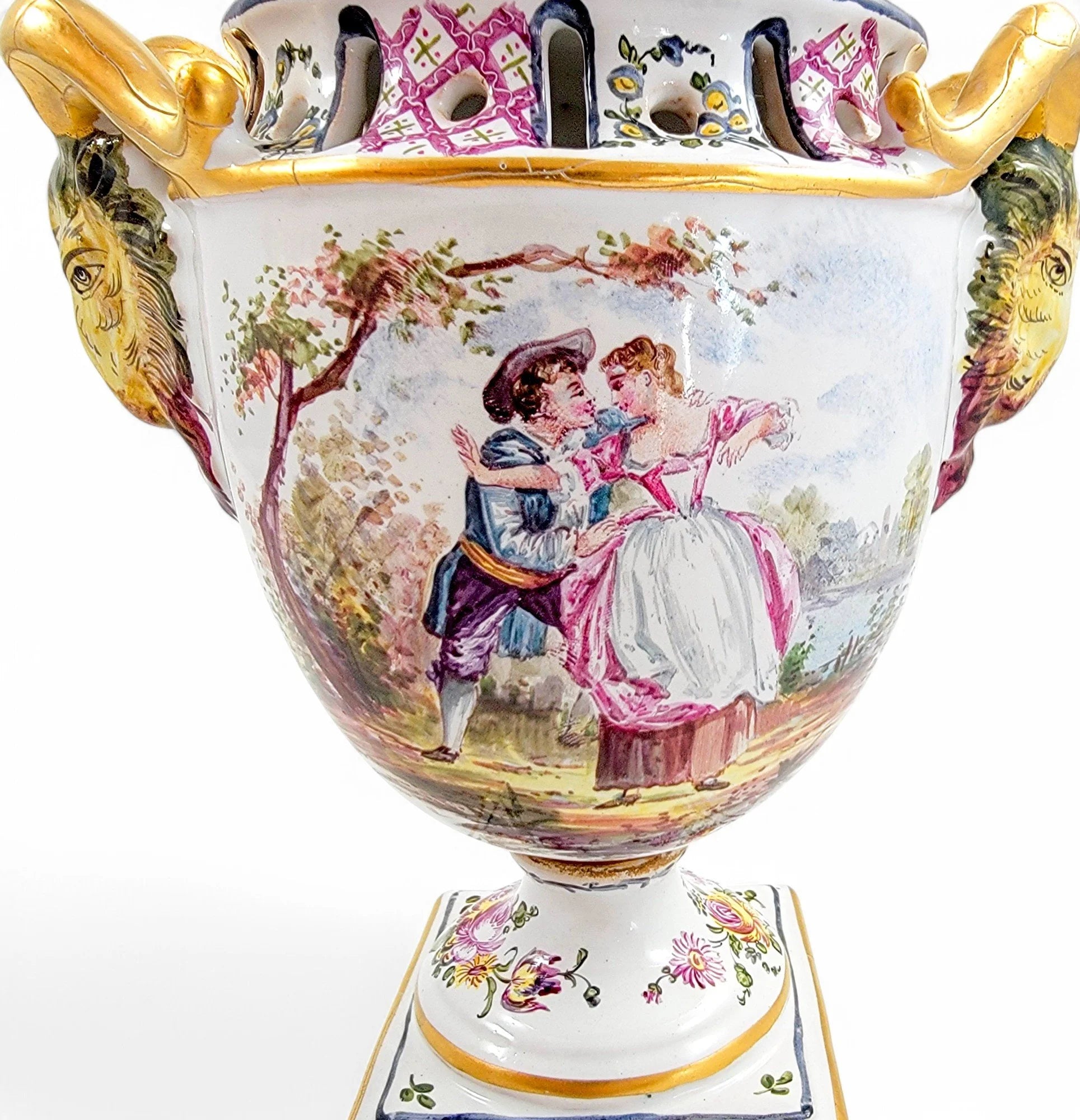 Rare 18th century French faience urns by Veuve Perrin with hand-painted pastoral scenes in Rococo style