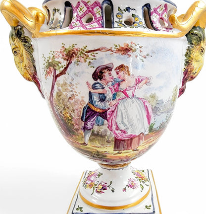Rare 18th century French faience urns by Veuve Perrin with hand-painted pastoral scenes in Rococo style